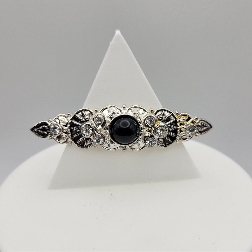 Art Deco Style Silver Tone Black Accent Women's Brooch